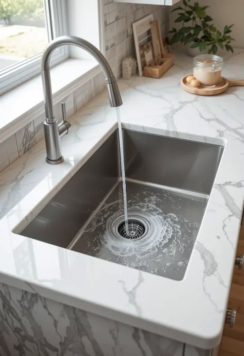 White marble counter with an undermount steel sink