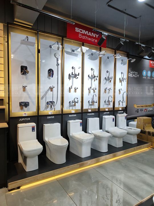 Sanitaryware showroom display with WCs and shower panels