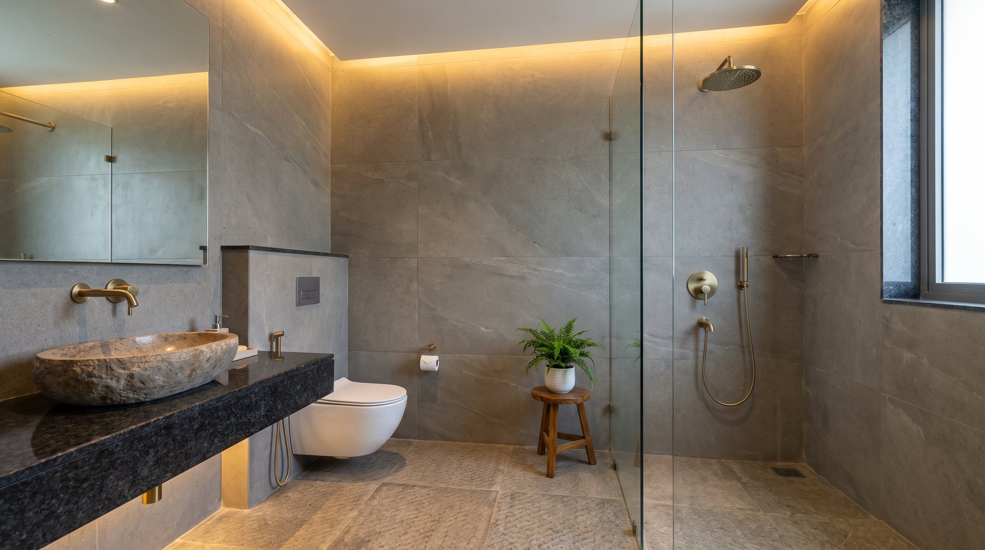 Concept: bathroom with stone-look tiles, vessel basin on a granite vanity and wall-hung WC