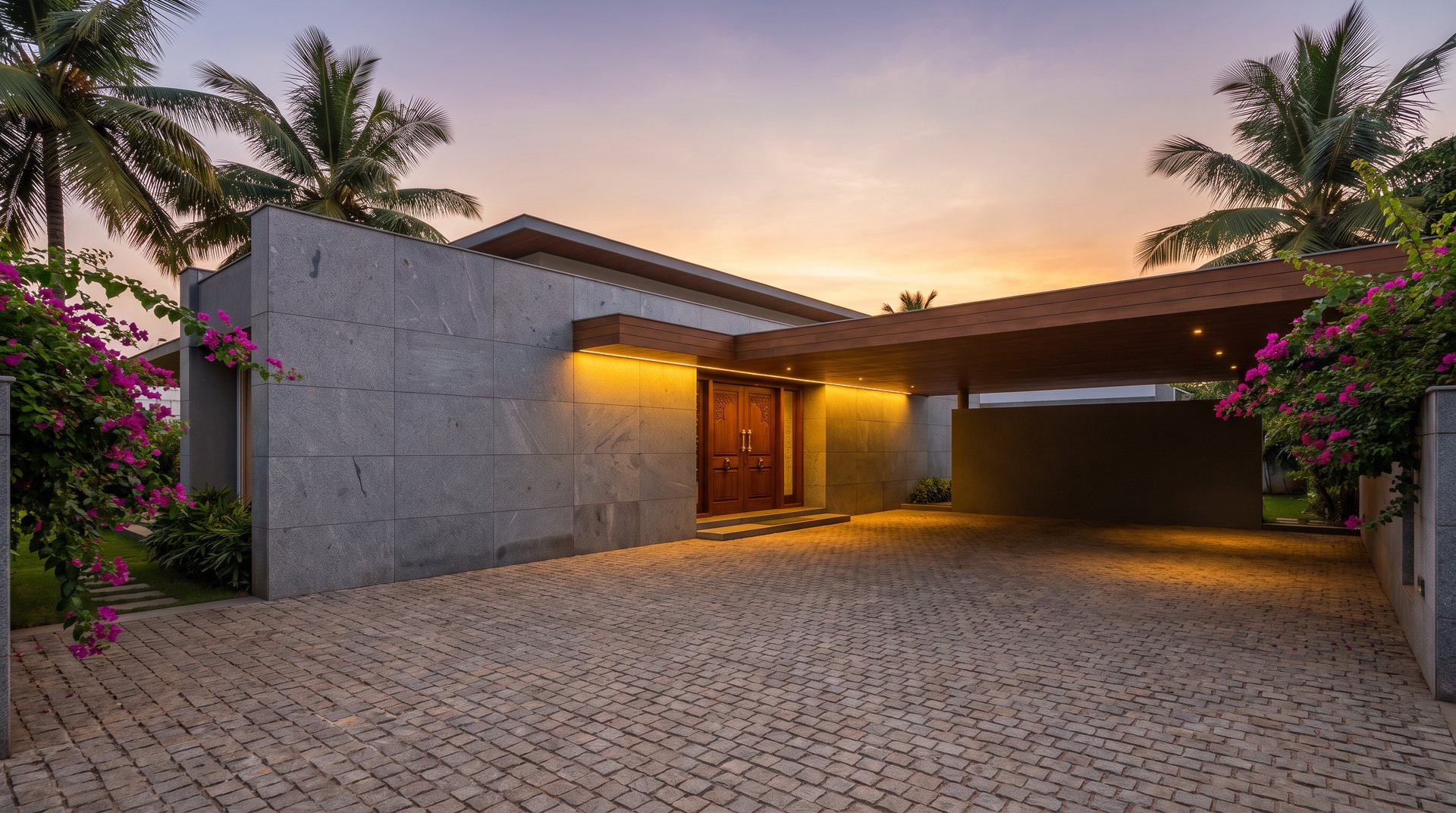 Concept: villa entrance with granite-clad elevation and a stone-paved driveway