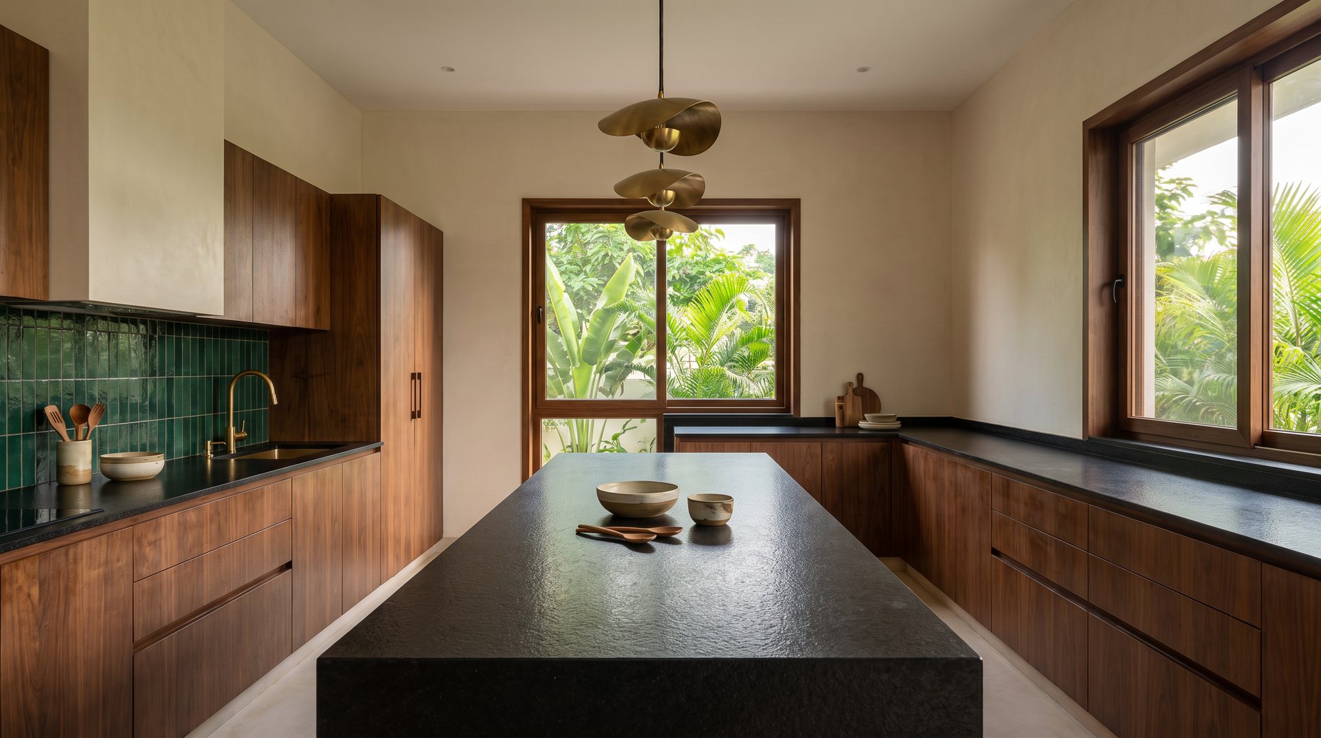 Concept: kitchen with black leathered granite island and counters