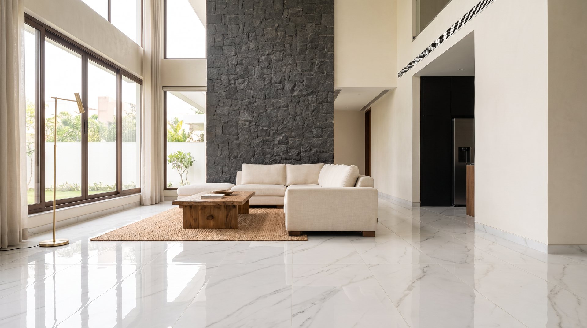 Concept: living room floored in large-format white marble-look slabs
