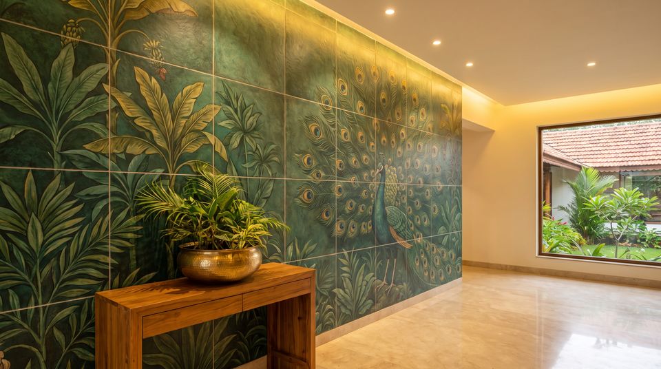 Concept: entrance feature wall of printed tiles with a peacock among foliage