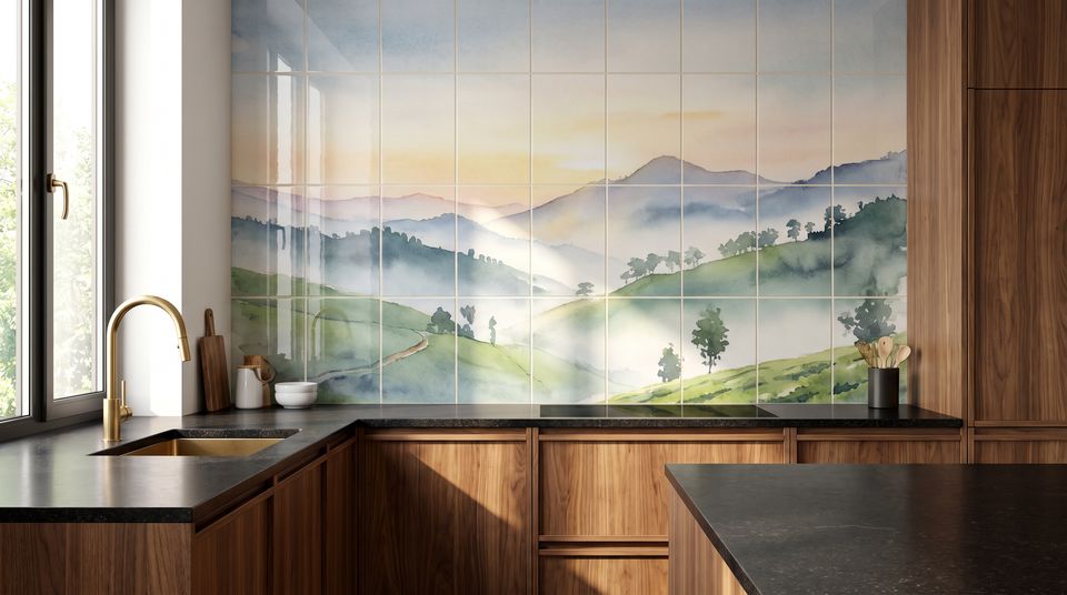 Concept: kitchen backsplash of printed tiles showing misty tea hills