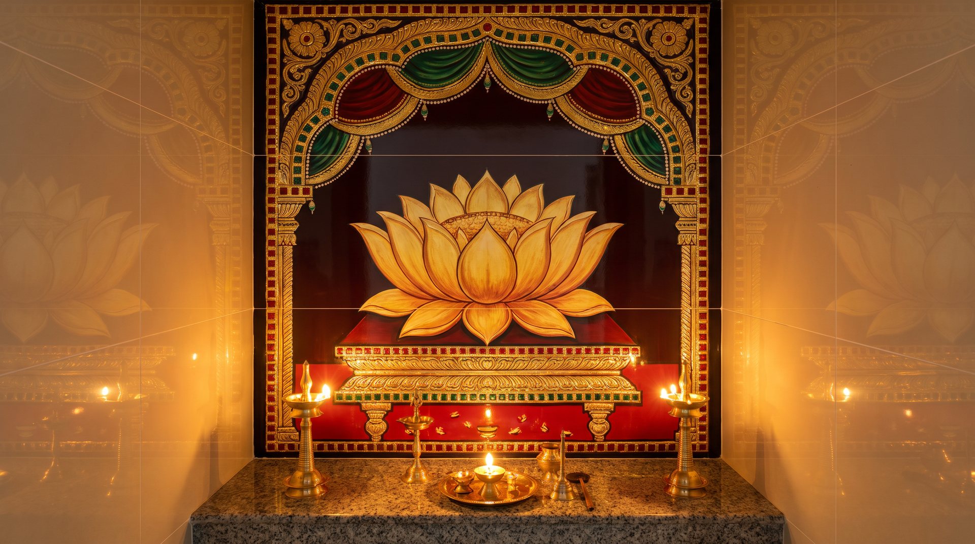 Concept: pooja room wall of printed tiles showing a golden lotus under a temple arch