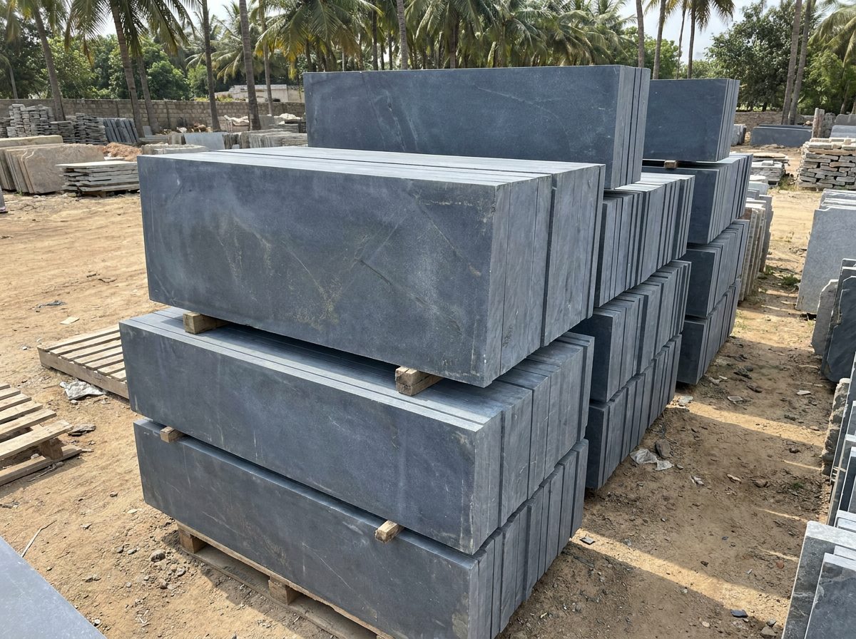 Stacked honed black Kadappa (Cuddapah) limestone slabs