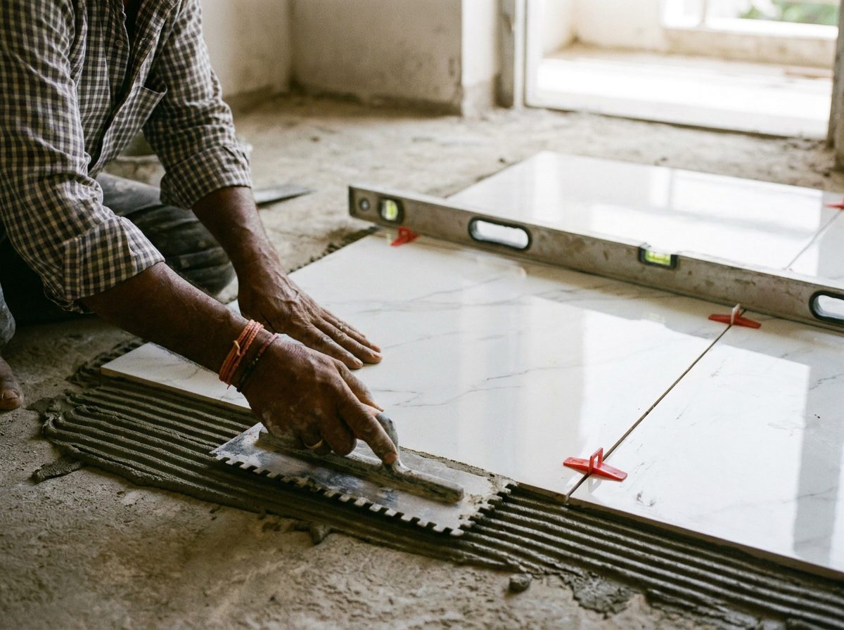 Installer setting a large-format floor tile