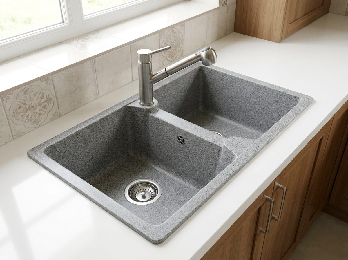 Grey quartz double-bowl kitchen sink in a white counter