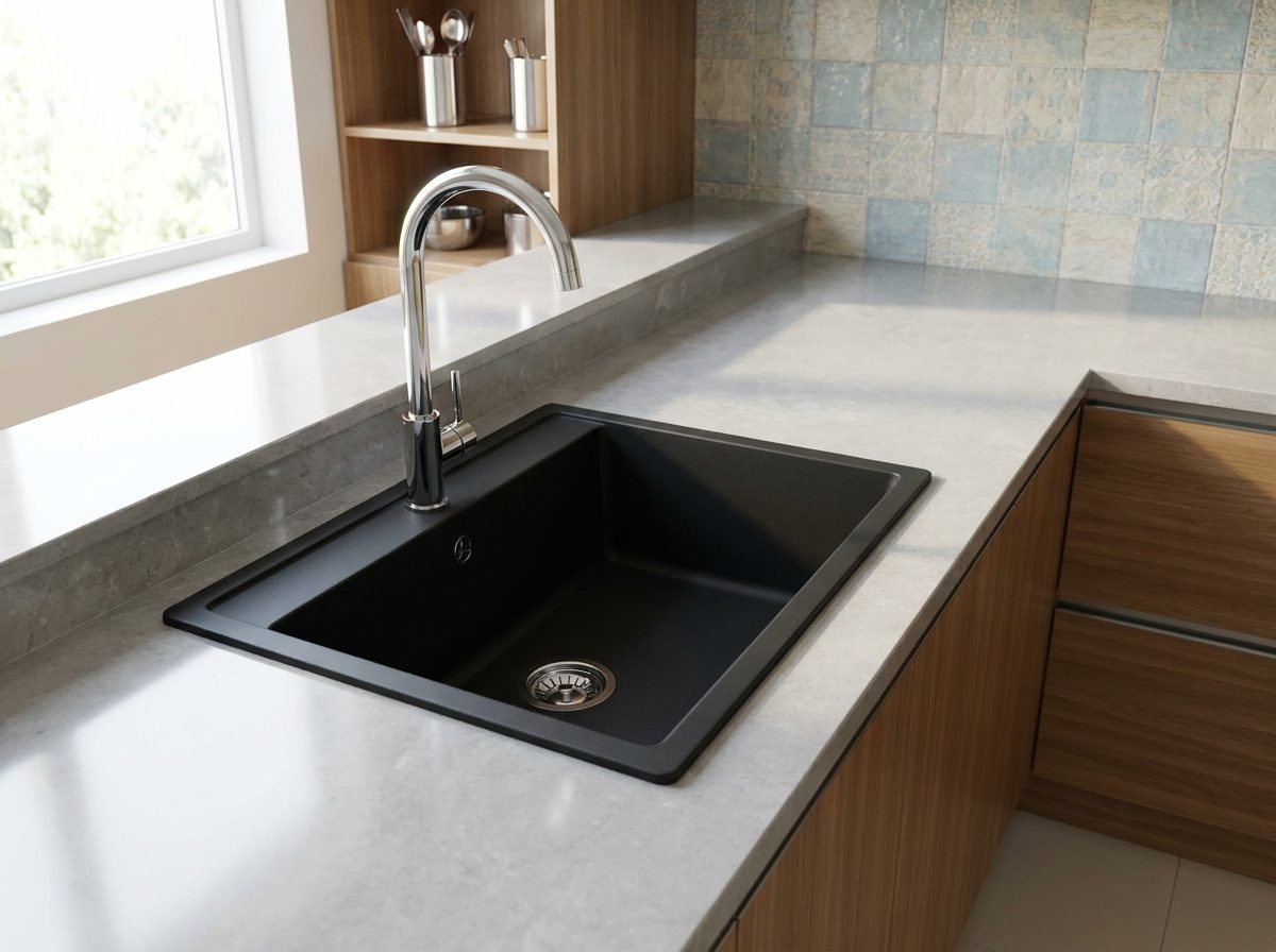 Matt black quartz single-bowl kitchen sink in a grey stone counter