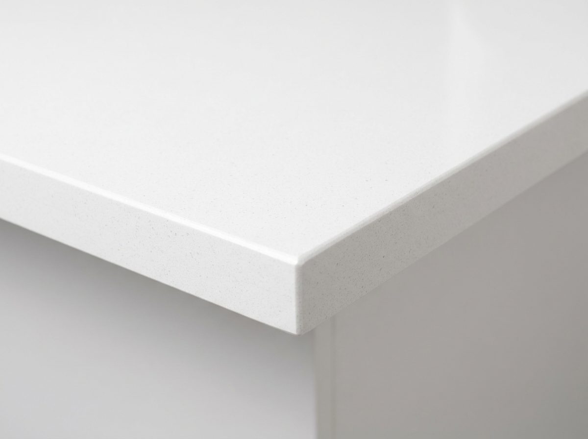 Polished white engineered quartz countertop with a fine grey speckle