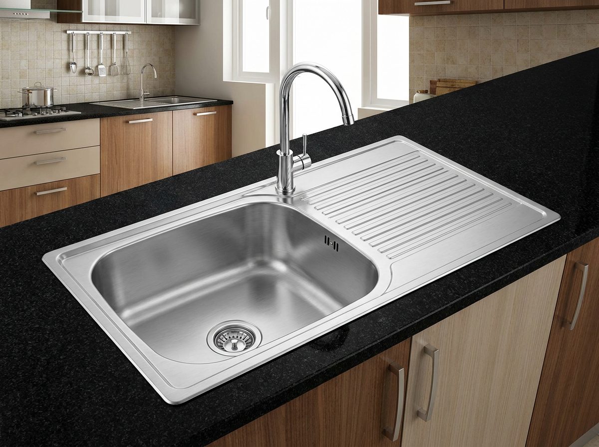 Stainless steel kitchen sink with drainboard in a black granite counter