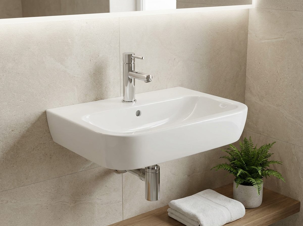 White ceramic wall-mounted wash basin with a chrome tap