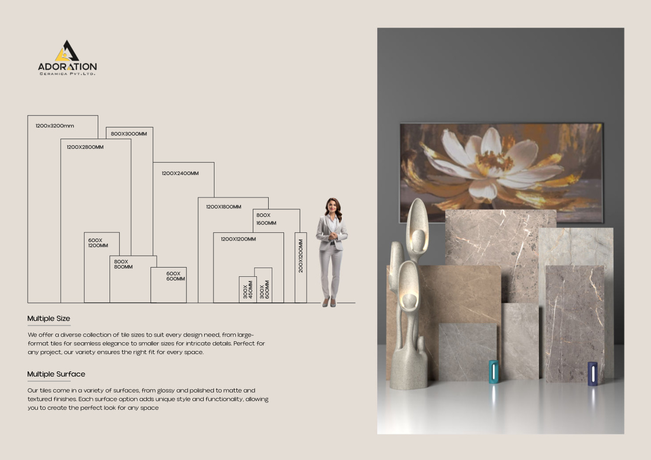 Adoration Ceramica large-format marble-look slabs shown across their available sizes