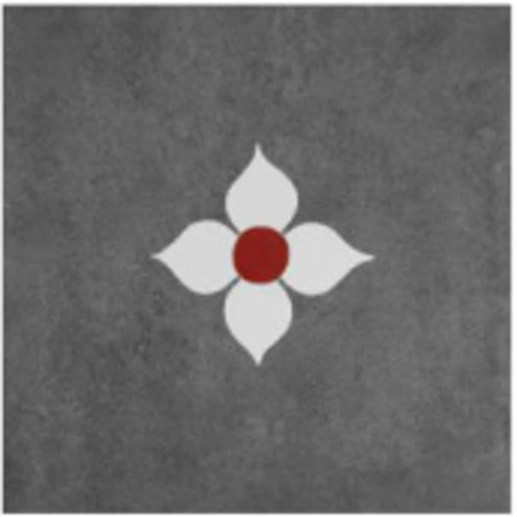 Athangudi Series Blossom Grey tile swatch with a white four-petal motif on charcoal grey