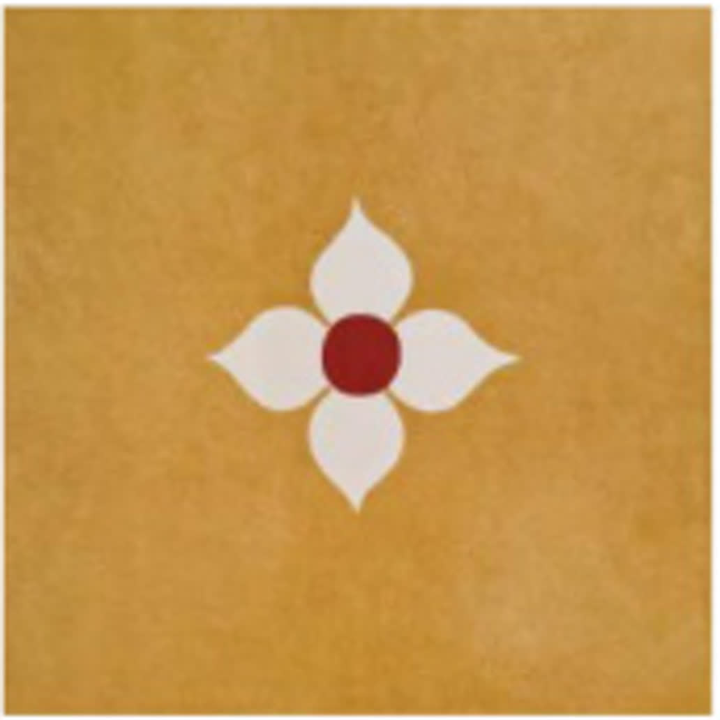 Athangudi Series Blossom Yellow tile swatch with a four-petal motif on mustard yellow