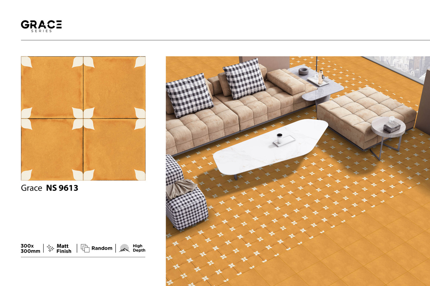 Grace Series patterned floor tile in a living room